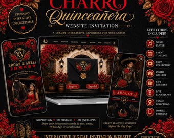 Luxury Black and Red Charro Quinceañera Invitation Interactive 15 Website Elegant Digital Invite with RSVP  Music add cal registry animated