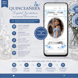 Peut inclure: Un modèle d'invitation numérique pour Quinceañera affiché sur un écran de smartphone, avec des motifs de papillons et de fleurs bleues, un espace photo et des icônes interactives pour le calendrier, les cartes, la musique et les cadeaux.