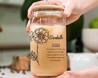 Personalized Birth Flower Sipper Glass with Bamboo Lid & Straw