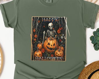 Vintage Halloween Skeleton Pumpkin Shirt, Retro Fall Graphic Tee