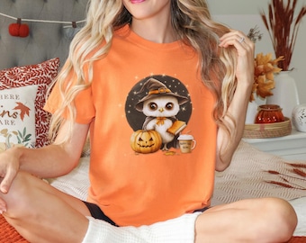Halloween Owl Shirt, Cozy Fall Vibes, Autumn Bookworm Tee