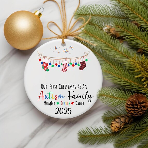 Autism Family First Christmas Ornament, Personalized Ceramic Decoration