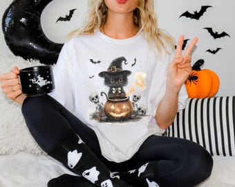 Vintage Halloween Cat T-Shirt, Whimsical Pumpkin Skeleton Design