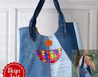 Recycled Denim Tote Bag | Autism Puzzle Detail Shoulder Bag