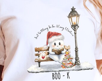 Ghost Reading Christmas Sweatshirt, Christmas winter Scene Shirt, Book Lover Xmas Gift