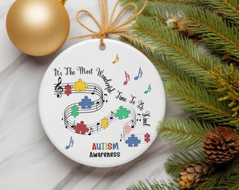 Autism Awareness Ceramic Christmas Ornament, Puzzle Piece Musical Staff