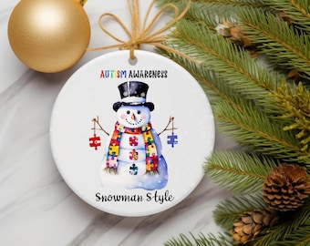 Autism Awareness Snowman Ornament, Puzzle Piece Scarf