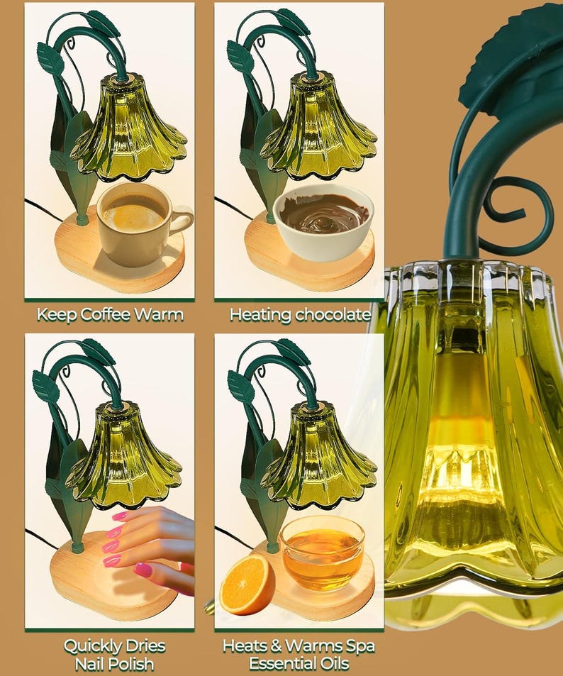 May include: A green and gold lamp with a wooden base, designed to keep coffee warm, heat chocolate, quickly dry nail polish, and warm spa essential oils. The lamp has a floral design and the text "Keep Coffee Warm", "Heating chocolate", "Quickly Dries Nail Polish", and "Heats & Warms Spa Essential Oils".