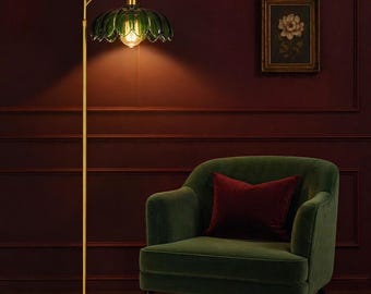 Green Glass Floor Lamp, Mid-Century Modern Brass Standing Light, Dimmable Remote Control