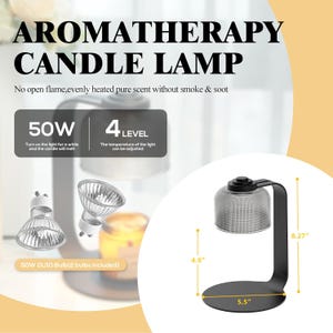 Może przedstawiać: Czarna lampa do aromaterapii ze świecami z przezroczystym, pokrytym siatką kloszem. Lampa ma zakrzywione czarne metalowe ramię i podstawę. Wymiary: 14 cm szerokości, 21 cm wysokości, a klosz ma średnicę 12 cm. Tekst brzmi "AROMATHERAPY CANDLE LAMP".