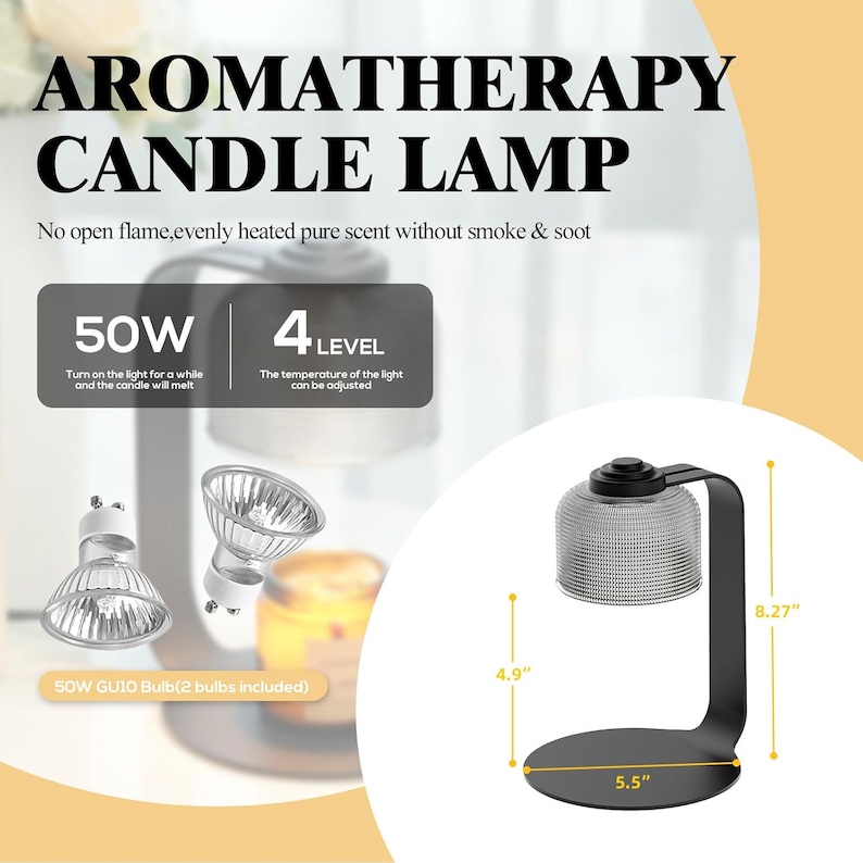 Może przedstawiać: Czarna lampa do aromaterapii ze świecami z przezroczystym, pokrytym siatką kloszem. Lampa ma zakrzywione czarne metalowe ramię i podstawę. Wymiary: 14 cm szerokości, 21 cm wysokości, a klosz ma średnicę 12 cm. Tekst brzmi "AROMATHERAPY CANDLE LAMP".