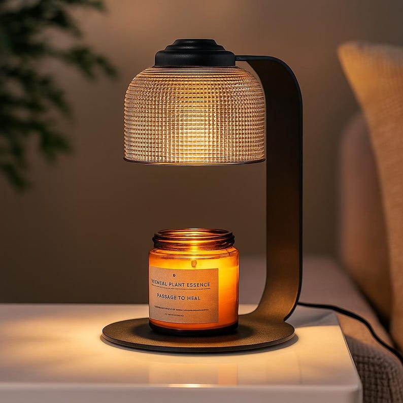 Może przedstawiać: Czarna metalowa lampa do podgrzewania świec z teksturowanym szklanym kloszem i okrągłą podstawą. Na podstawie stoi zapalona świeca w szklanym słoiku. Etykieta świecy głosi "YOMEAL PLANT ESSENCE PASSAGE TO HEAL".