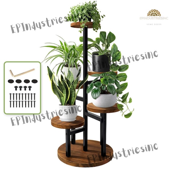 5 Tier Wood Metal Plant Stand | Modern Plant Stand | Tall Plant Stand | Tiered Plant Stand | Indoor Plant Stand | Plant Holder