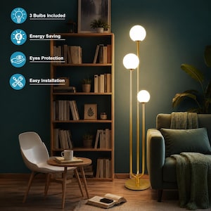 May include: A tall floor lamp with a gold-toned metal stand and three spherical white glass shades at varying heights. The lamp emits a warm glow. Text overlays indicate 3 Bulbs Included, Energy Saving, Eyes Protection, and Easy Installation.
