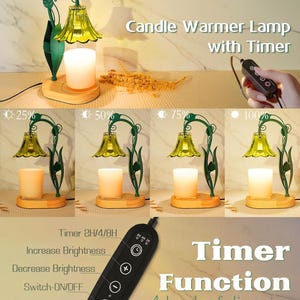 May include: A green metal candle warmer lamp with a yellow glass shade and wooden base. The lamp has a timer function with 4 dimming levels. The text on the image says "Candle Warmer Lamp with Timer".