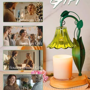 May include: A decorative lamp with a green floral design and a candle holder. The lamp has a wooden base and a yellow glass shade. The image includes the text "Christmas Gift", "Birthday Gift", "Housewarming Gift", and "Women Gift".