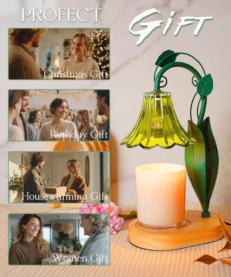 May include: A decorative lamp with a green floral design and a candle holder. The lamp has a wooden base and a yellow glass shade. The image includes the text "Christmas Gift", "Birthday Gift", "Housewarming Gift", and "Women Gift".