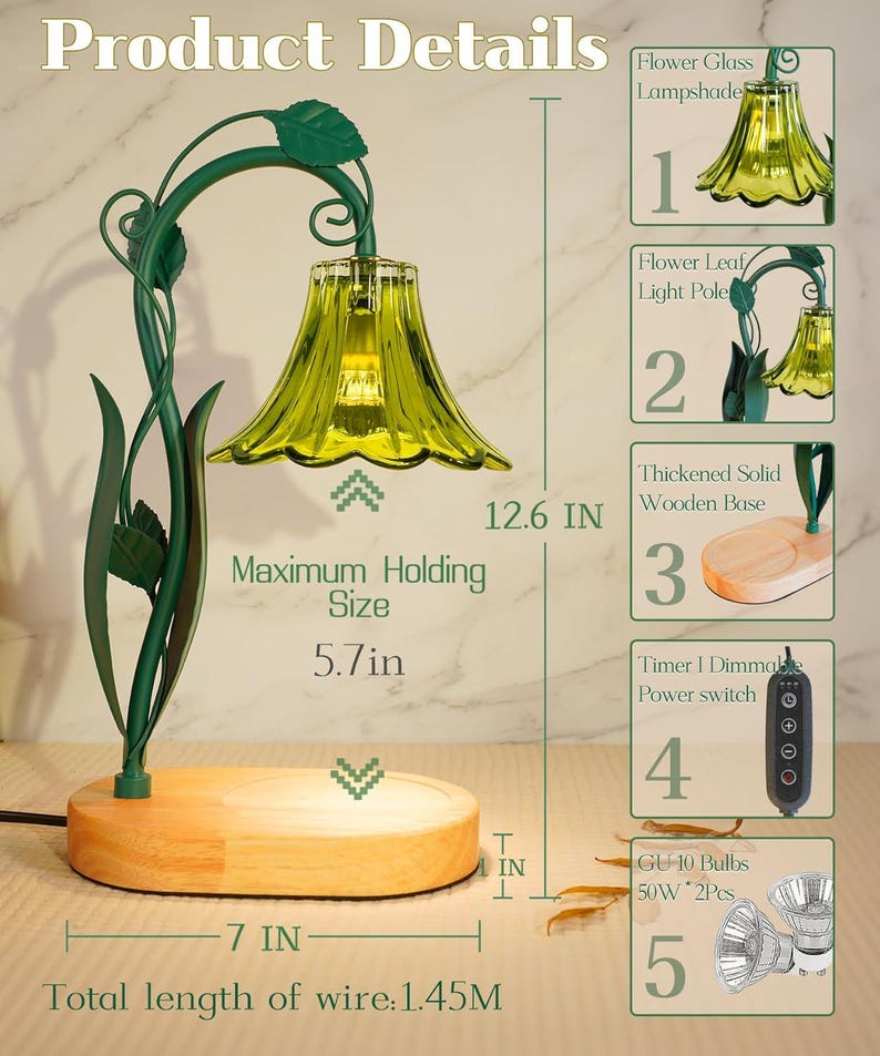 May include: A decorative table lamp with a green metal floral design and a yellow glass lampshade. The lamp has a wooden base and measures 12.6 inches high. The maximum holding size is 5.7 inches, and the base is 7 inches wide.