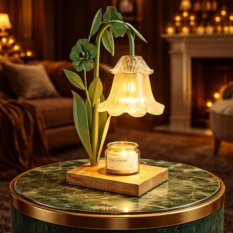 Flower Candle Warmer Lamp: Floral Home Decor with Timer Green 1