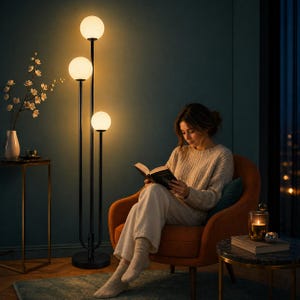 May include: A tall floor lamp featuring a slender black metal frame with three vertical poles of varying heights, each topped with a glowing white spherical glass globe light, providing warm illumination in a room with dark teal walls.