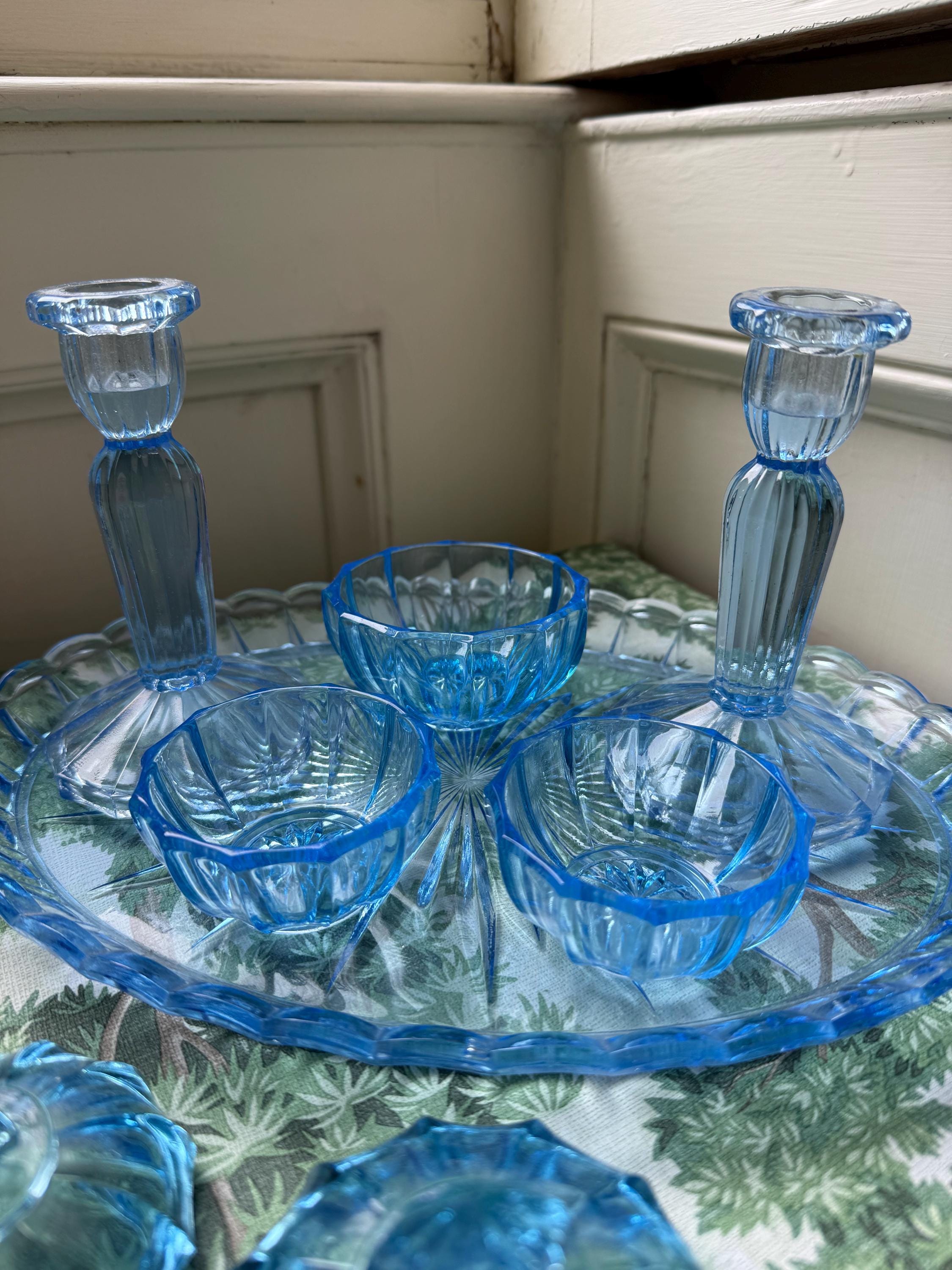 Vintage Blue Glass Dressing Table Set - Etsy