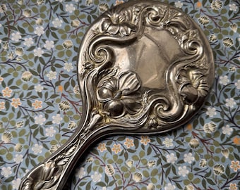 Vintage Silver Plated Art Nouveau Hand Mirror, Floral Hibiscus Vanity Mirror