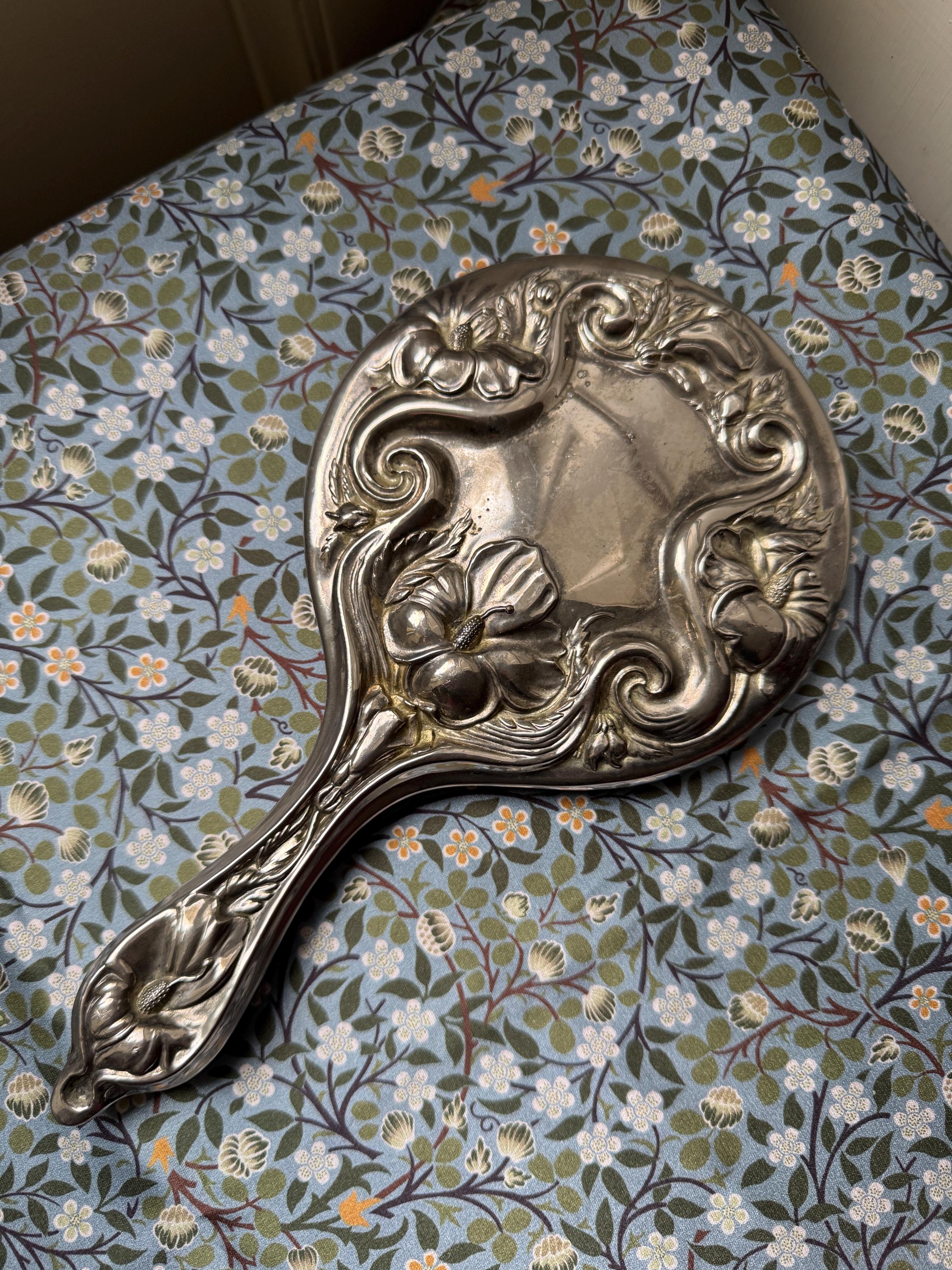 Silver 950 手鏡 アンティーク 骨董 銀製 箱付き レトロ 貴重 Vintage Silver Plated Art Nouveau Hand Mirror, Floral Hibiscus