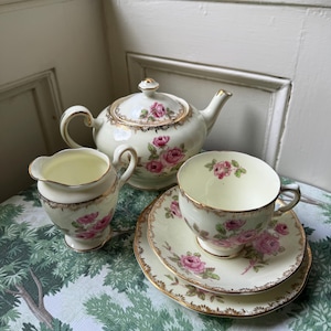 Piękny zabytkowy zestaw do herbaty z delikatnej porcelany kostnej Salisbury „Dijon”, czajniczek, filiżanka i spodek z porcelany w kwiaty w stylu vintage