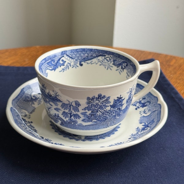 Mason's Willow Ironstone Blue and White Tea Cup and Saucer, Blue and White Vintage