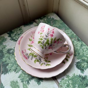 May include: A pale pink porcelain teacup and saucer set featuring a delicate floral pattern of small pink blossoms and green leaves. Both the cup and the saucer have scalloped edges trimmed with a thin gold band, creating a cohesive appearance.