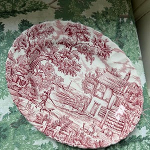 Vintage English Ironstone Serving Plate: Red Transferware Country Scene