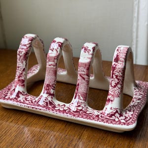 Vintage Mason's ‘Vista’ Pink and White  Ironstone Toast Rack, Pink Transferware, Made in England