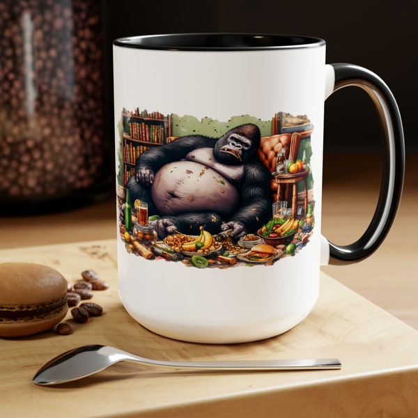 Charmingly Chubby: Fat Gorilla Cartoon style printed Two-Tone Coffee Mug, 15oz, Perfect gift for Animal Lovers