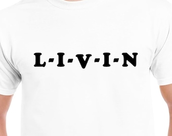 T-shirt l-i-v-i-n LIVIN étourdi et confus T-shirt unisexe Gildan Softstyle noir Film rock n roll cadeau amusant parodie t-shirt des années 70 et 80