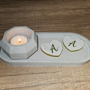 Handmade aqua resin decorative tray with candle holder and initial hearts