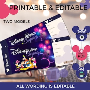 Boleto de viaje sorpresa editable para Disneyland, Disneyworld, boleto sorpresa de regalo, boleto de recuerdo, boleto revelación de viaje