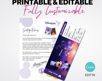 Carta de revelación de regalo y boleto sorpresa para disneyland parís  editable, Paquete de presentación de viaje a Disney, Carta de Mickey