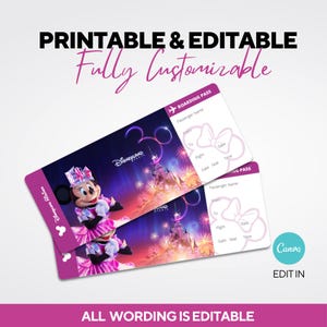 Boleto de viaje sorpresa editable a Disneyland editable Minie Mouse. descarga instantánea, boleto de recuerdo, boleto revelación de viaje