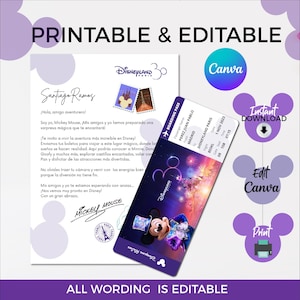 Lettera di presentazione regalo Disneyland Paris modificabile e biglietto a sorpresa, pacchetto di presentazione viaggio Disney, lettera di Topolino