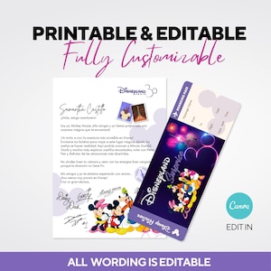 Puede incluir: Invitación y tarjeta de embarque de Disneyland imprimibles y editables. La invitación presenta texto y firmas de personajes. La tarjeta de embarque es morada con fuegos artificiales y personajes de Disney. El texto incluye "Disneyland Surprise".