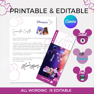 Lettera di presentazione modificabile del viaggio a Disneyland Paris e biglietto a sorpresa, pacchetto di presentazione del viaggio Disney, lettera di Minnie Mouse