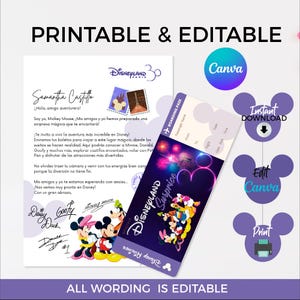 Carta de revelación de regalo y boleto sorpresa para disneyland parís editable, Paquete de presentación de viaje a Disney Mickey y amigos