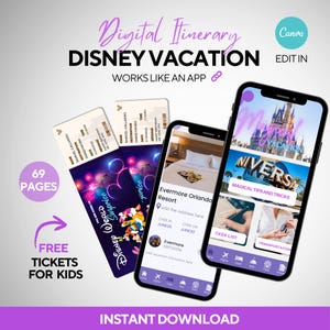 May include: Digital itinerary for a Disney vacation, presented on two smartphones and two tickets. The phones display travel information and tips. The tickets are for Disney World. Text includes "Free Tickets for Kids" and "Instant Download."
