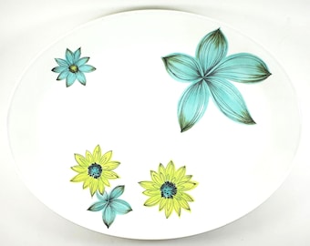 Mid century Johnson Bros serving dish or small platter in Cresta pattern; atomic style graphics blue and yellow on white