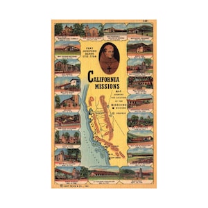 Carte postale C.T. Curt Teich Missions en Californie des années 40 Art-Colortone Western Publishing & Novelty Co ; carte et vignettes des missions en Californie