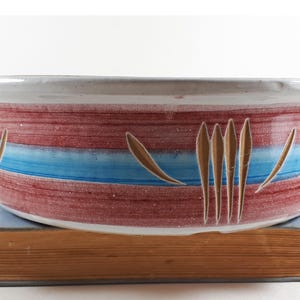 May include: A ceramic bowl with a red and blue striped pattern, decorated with brown leaf motifs. The bowl rests on a vintage book with a blue cover and aged pages. The bowl's rim is white.