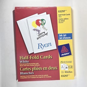 Avery Half Fold Cards open box complete 25 cards and envelopes for inkjet printers #03297; 5 1/2 inch by 8 1/2 inch size card