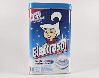 Jetsons Electrasol tin; retro Judy Jetson empty dishwasher tab container; Jetsons advertising campaign 2005; Fresh Scent 3 in 1 tabs