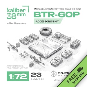 Puede incluir: Ilustración de un kit de modelo con el texto "BTR-60P Accessories Kit". El kit incluye una lona, ametralladoras y otros accesorios. También se ve el texto "kaliber 38mm" y "1:72". La imagen es una representación.
