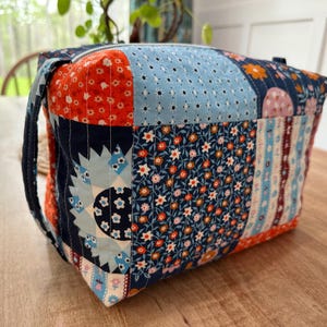 Handmade and unique extra large, patchwork quilted zipper boxy pouch/make up bag with waterproof lining. Ready to ship with free shipping